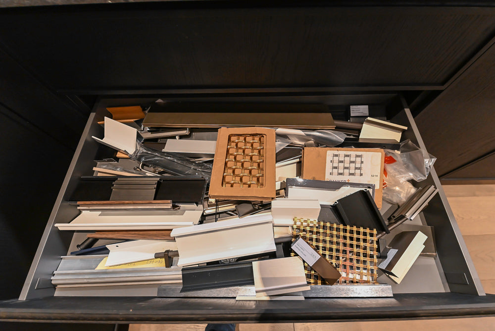 DOCA Modern Dark Brown Wood Veneer Kitchen Corner with White Ceasarstone Countertop & Integrated Sink