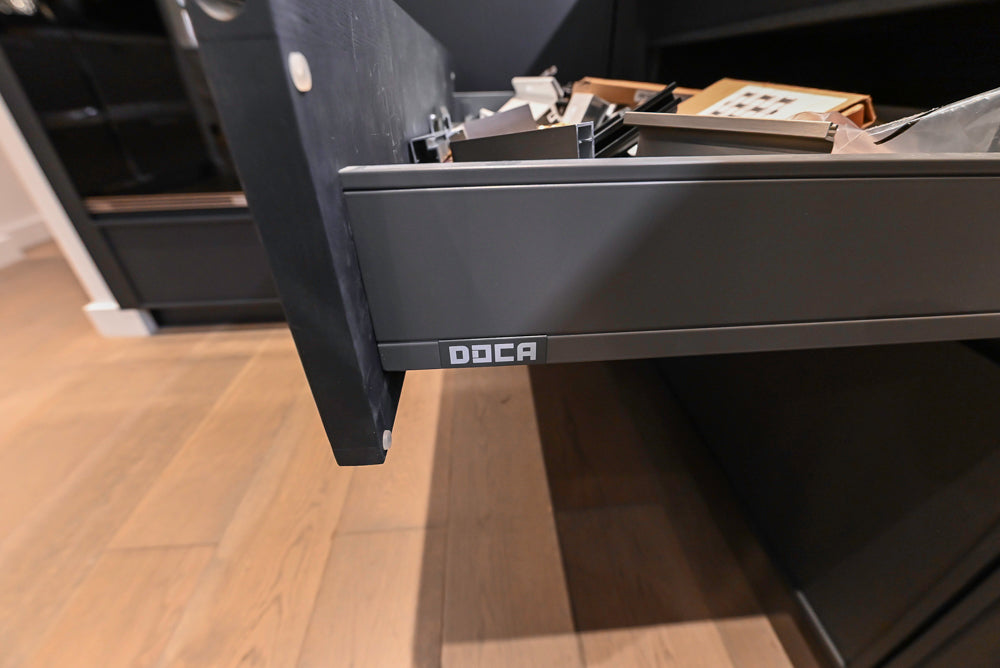 DOCA Modern Dark Brown Wood Veneer Kitchen Corner with White Ceasarstone Countertop & Integrated Sink