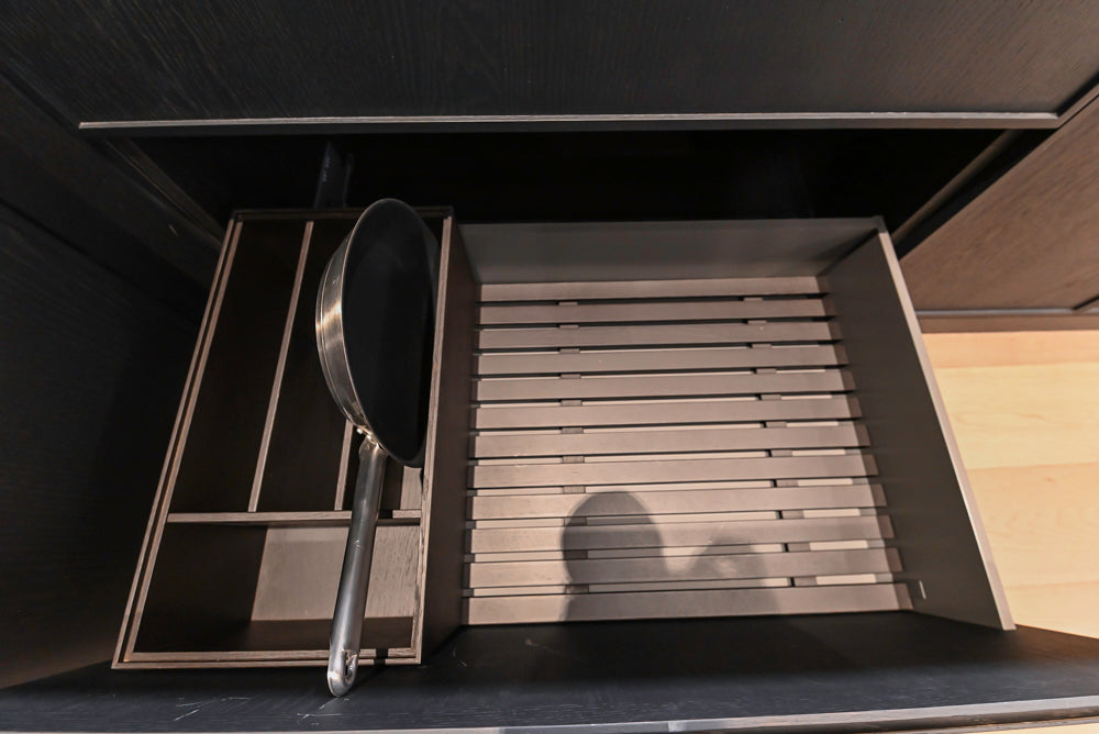 DOCA Modern Dark Brown Wood Veneer Kitchen Corner with White Ceasarstone Countertop & Integrated Sink