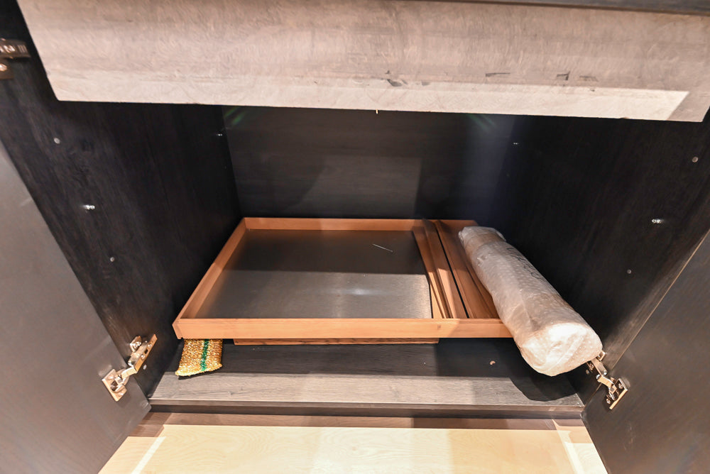 DOCA Modern Dark Brown Wood Veneer Kitchen Corner with White Ceasarstone Countertop & Integrated Sink