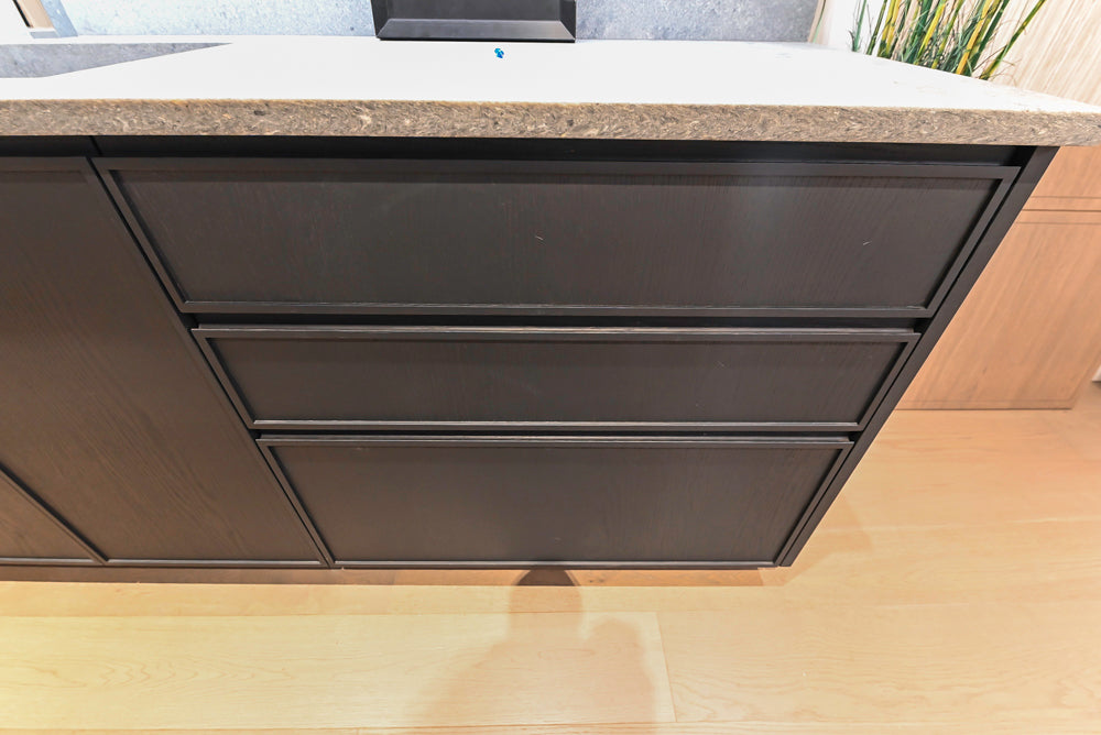 DOCA Modern Dark Brown Wood Veneer Kitchen Corner with White Ceasarstone Countertop & Integrated Sink