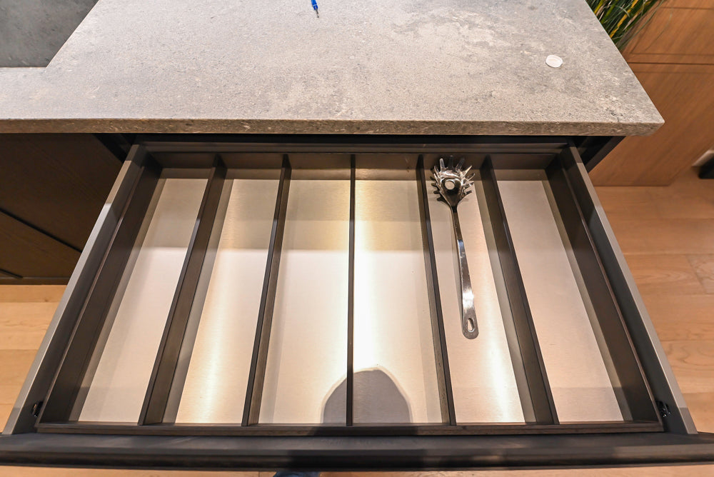 DOCA Modern Dark Brown Wood Veneer Kitchen Corner with White Ceasarstone Countertop & Integrated Sink