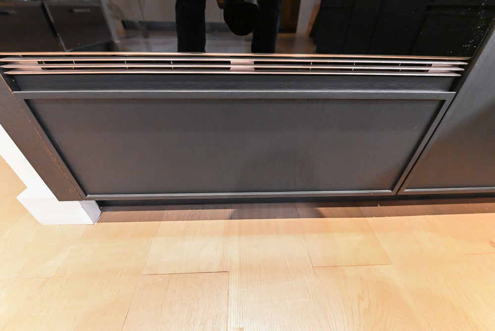 DOCA Modern Dark Brown Wood Veneer Kitchen Corner with White Ceasarstone Countertop & Integrated Sink