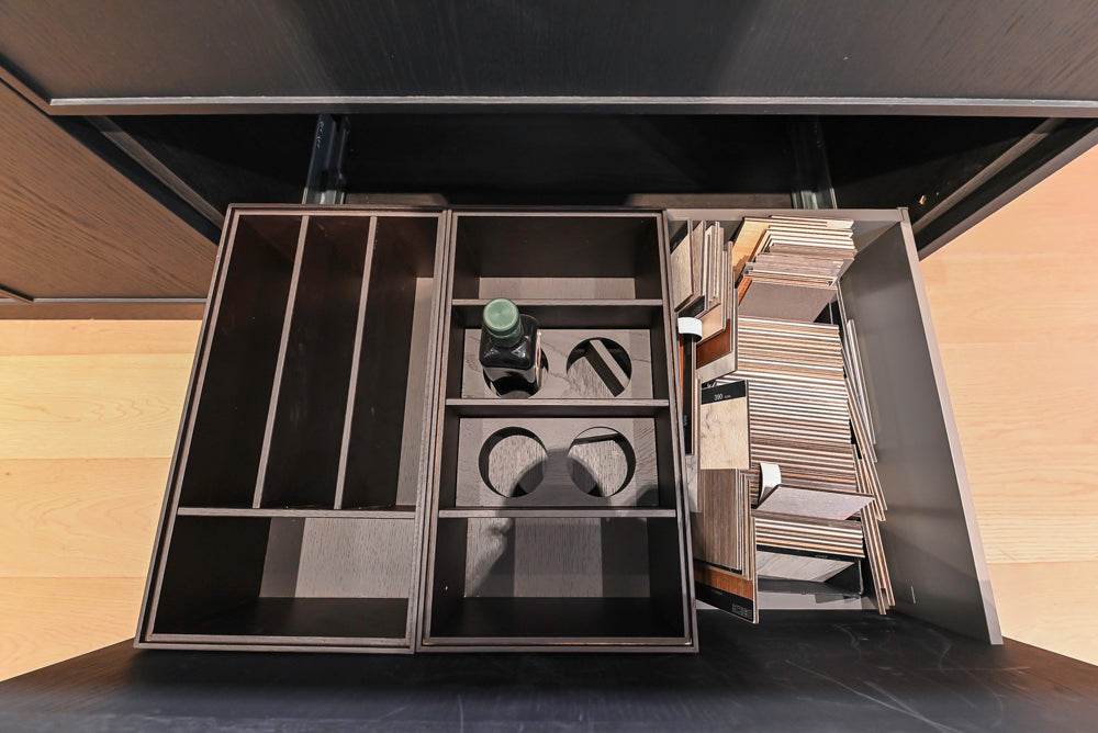 DOCA Modern Dark Brown Wood Veneer Kitchen Corner with White Ceasarstone Countertop & Integrated Sink
