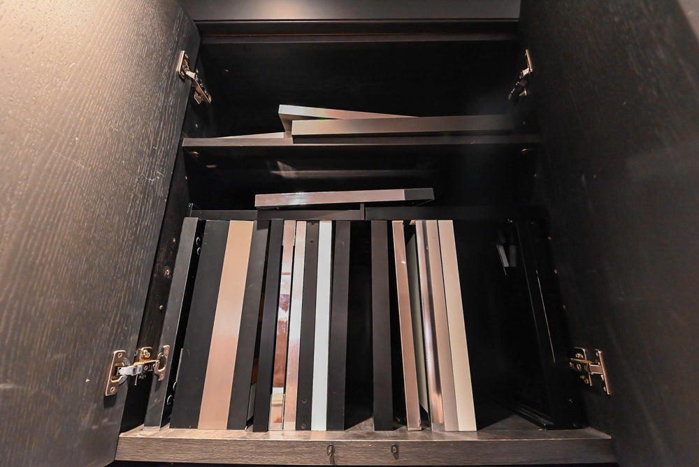 DOCA Modern Dark Brown Wood Veneer Kitchen Corner with White Ceasarstone Countertop & Integrated Sink