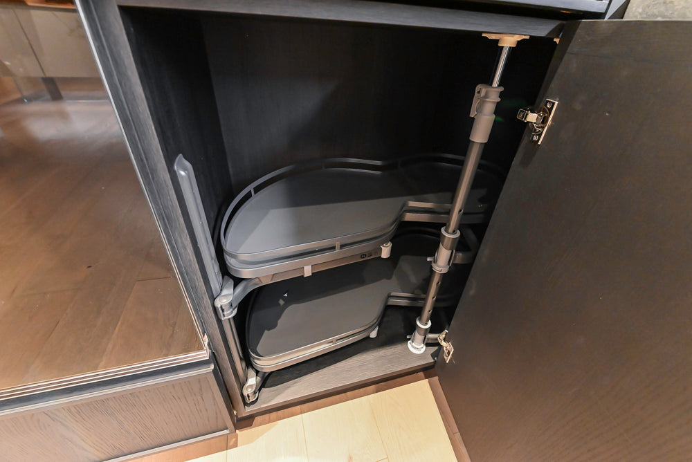 DOCA Modern Dark Brown Wood Veneer Kitchen Corner with White Ceasarstone Countertop & Integrated Sink