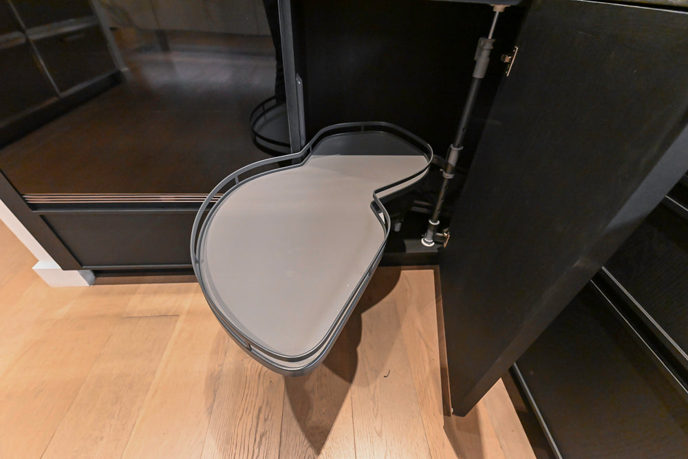 DOCA Modern Dark Brown Wood Veneer Kitchen Corner with White Ceasarstone Countertop & Integrated Sink