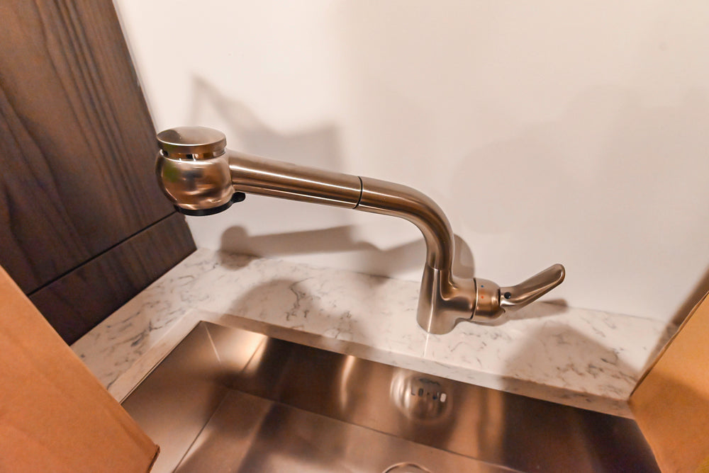 Custom Modern Kitchen Corner with Quartz Countertops, Sink and Faucet