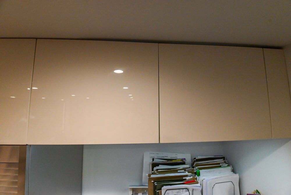 Aran Cucine Modern Built-In Desk System with White Oak Look Finish & Quartz Top