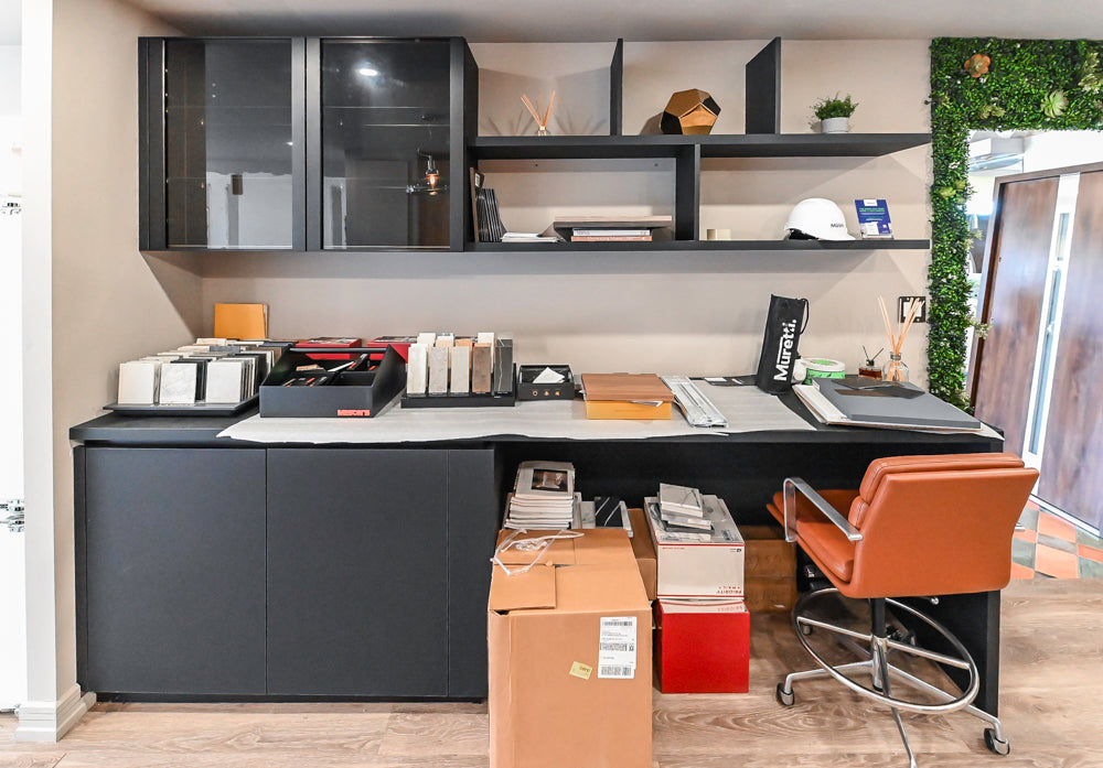 Muretti Modern Black Aluminum Framed Showroom Display Desk System with Storage and Open Shelving