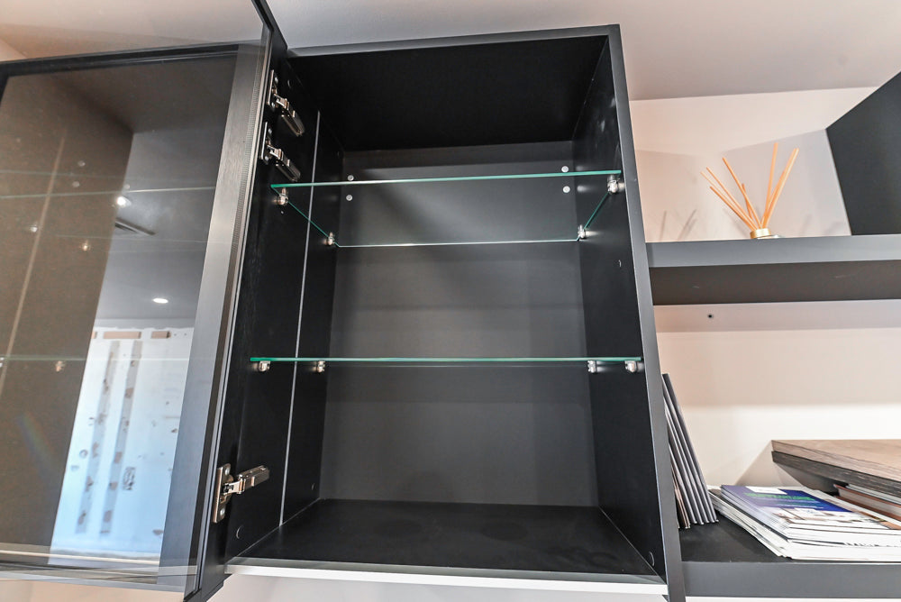 Muretti Modern Black Aluminum Framed Showroom Display Desk System with Storage and Open Shelving