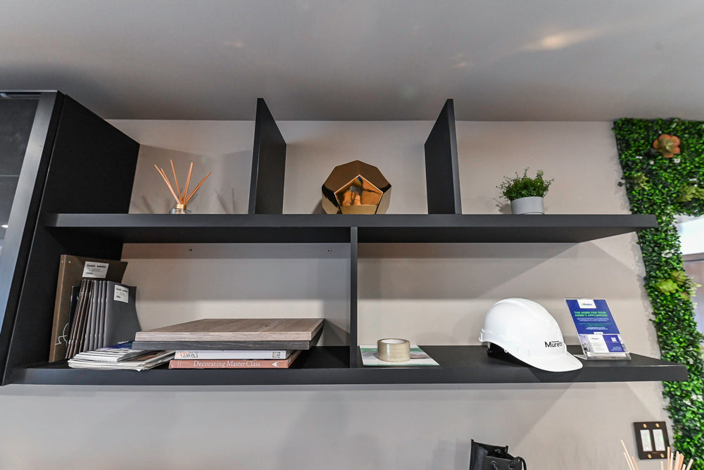 Muretti Modern Black Aluminum Framed Showroom Display Desk System with Storage and Open Shelving