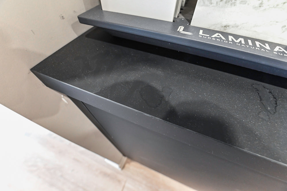 Muretti Modern Black Aluminum Framed Showroom Display Desk System with Storage and Open Shelving