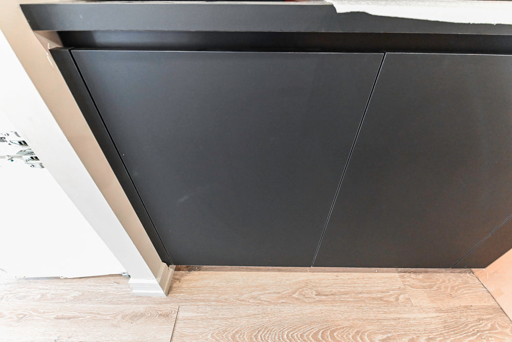 Muretti Modern Black Aluminum Framed Showroom Display Desk System with Storage and Open Shelving