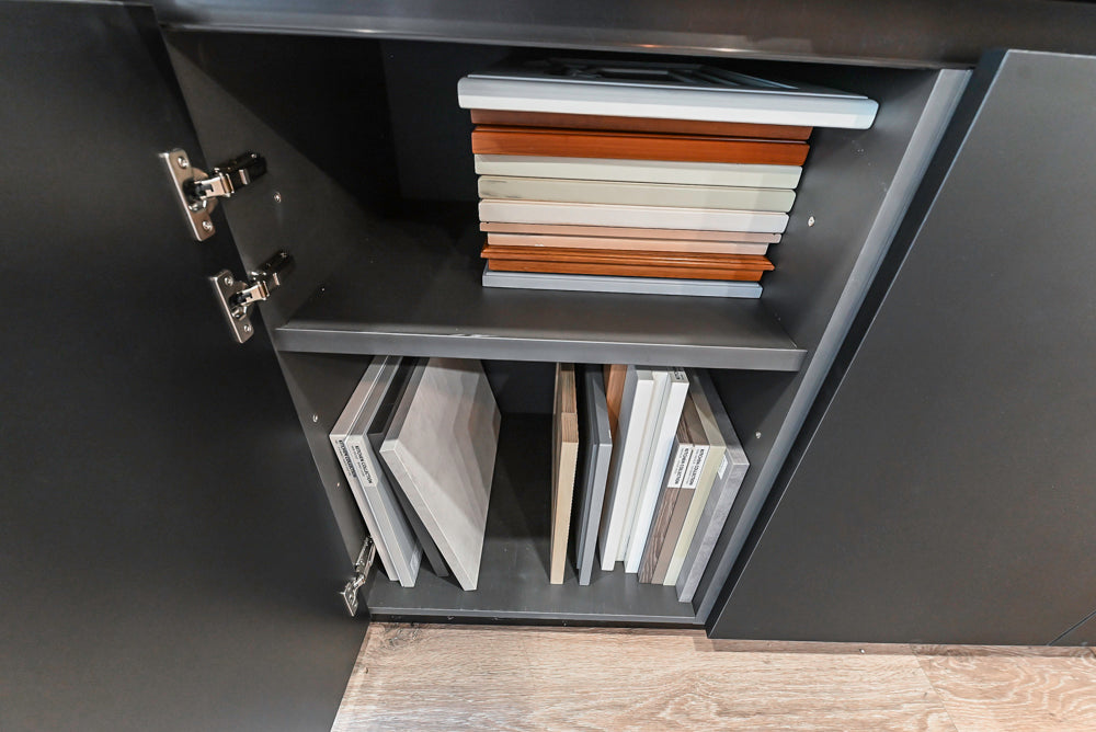 Muretti Modern Black Aluminum Framed Showroom Display Desk System with Storage and Open Shelving