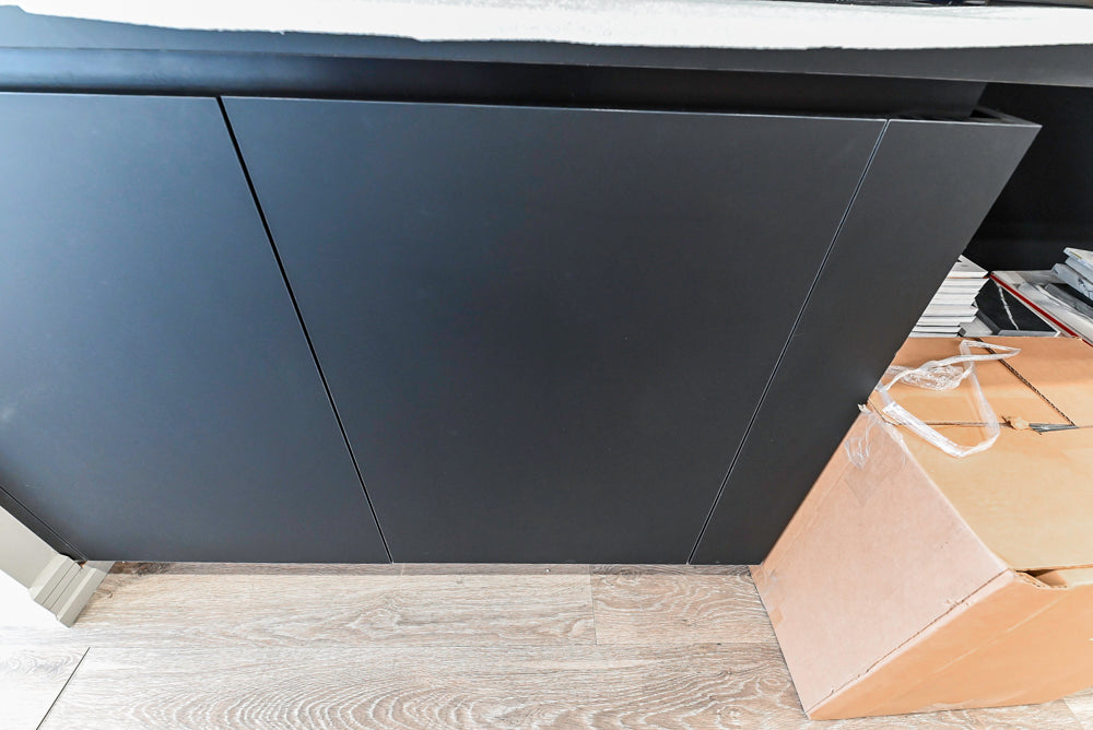 Muretti Modern Black Aluminum Framed Showroom Display Desk System with Storage and Open Shelving