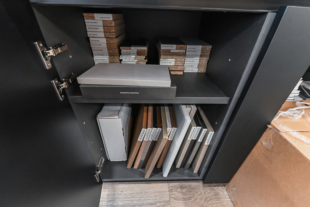 Muretti Modern Black Aluminum Framed Showroom Display Desk System with Storage and Open Shelving