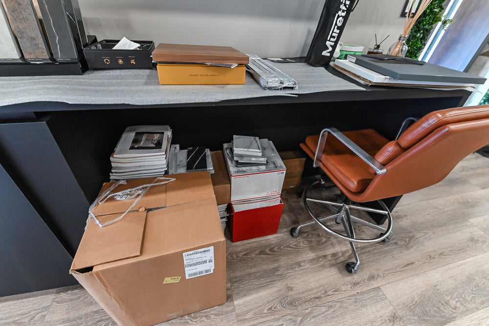 Muretti Modern Black Aluminum Framed Showroom Display Desk System with Storage and Open Shelving