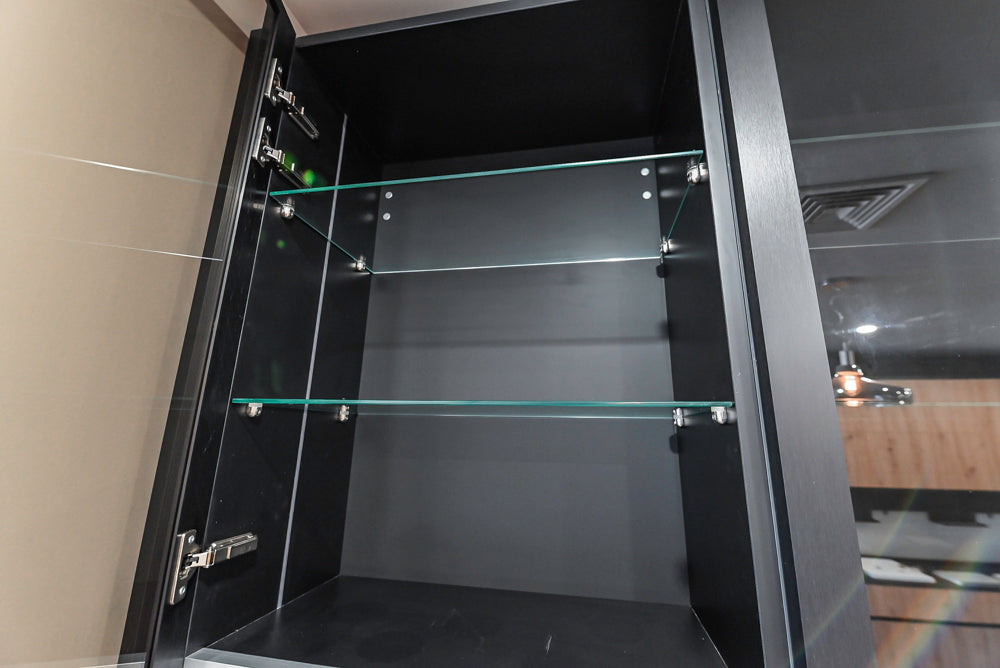 Muretti Modern Black Aluminum Framed Showroom Display Desk System with Storage and Open Shelving