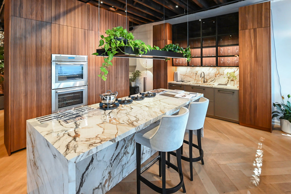 Key Cucine Modern Wood Veneered Kitchen with Neolith Island, Countertops and Appliances