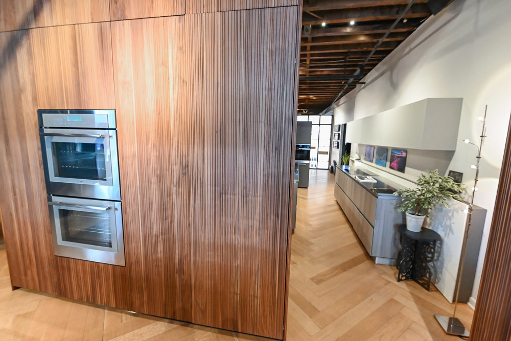 Key Cucine Modern Wood Veneered Kitchen with Neolith Island, Countertops and Appliances