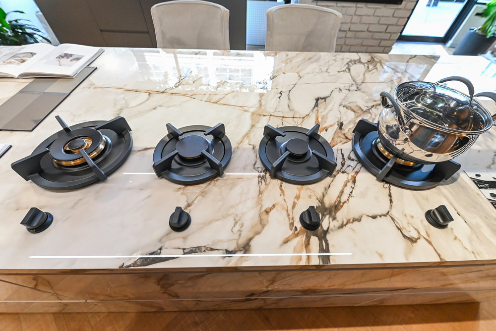 Key Cucine Modern Wood Veneered Kitchen with Neolith Island, Countertops and Appliances