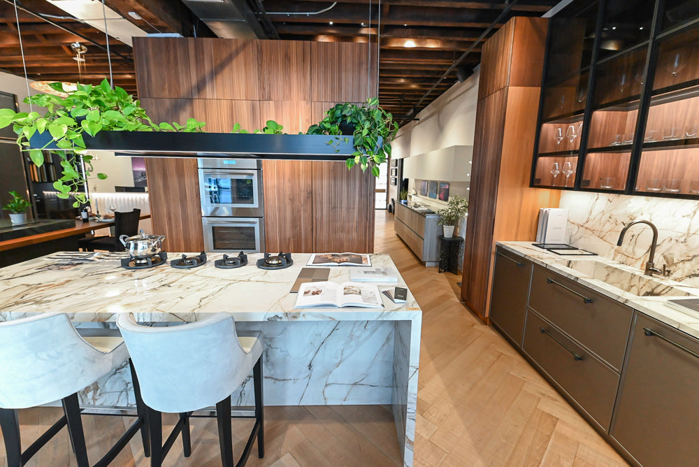 Key Cucine Modern Wood Veneered Kitchen with Neolith Island, Countertops and Appliances