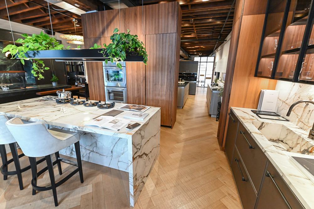 Key Cucine Modern Wood Veneered Kitchen with Neolith Island, Countertops and Appliances
