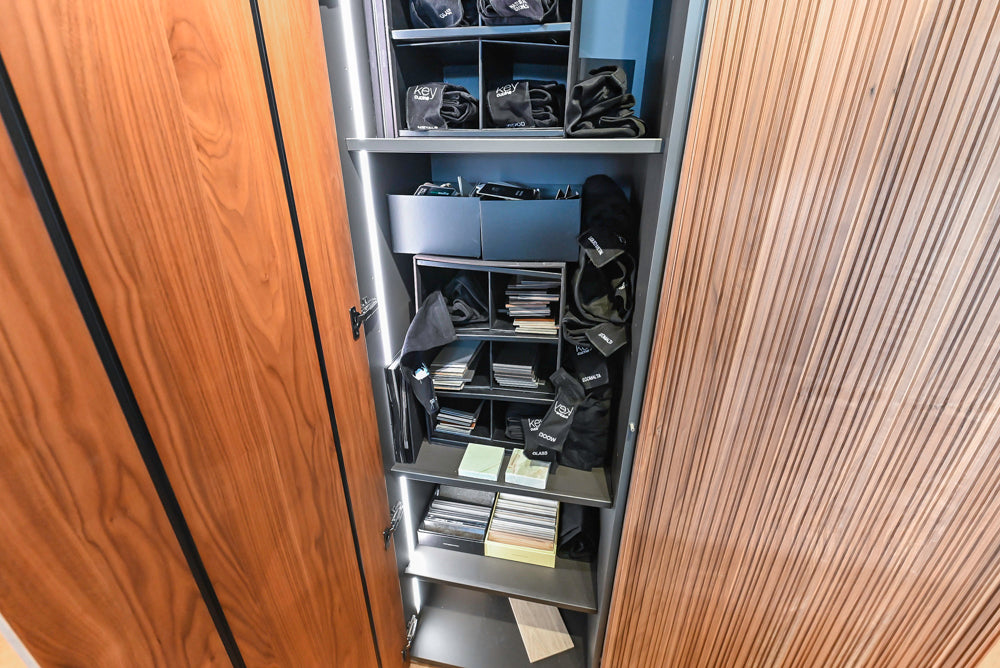 Key Cucine Modern Wood Veneered Kitchen with Neolith Island, Countertops and Appliances