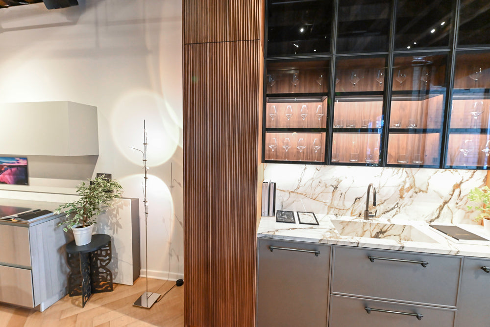 Key Cucine Modern Wood Veneered Kitchen with Neolith Island, Countertops and Appliances