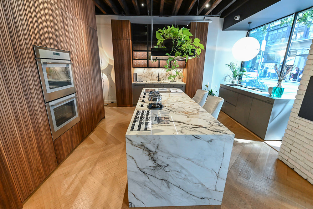 Key Cucine Modern Wood Veneered Kitchen with Neolith Island, Countertops and Appliances