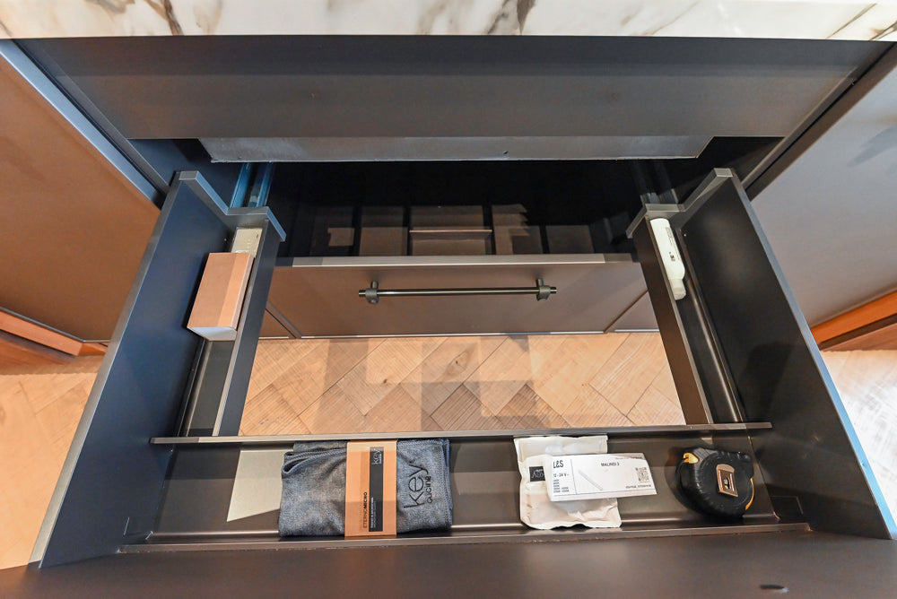 Key Cucine Modern Wood Veneered Kitchen with Neolith Island, Countertops and Appliances