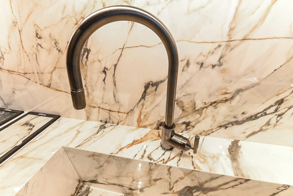 Key Cucine Modern Wood Veneered Kitchen with Neolith Island, Countertops and Appliances