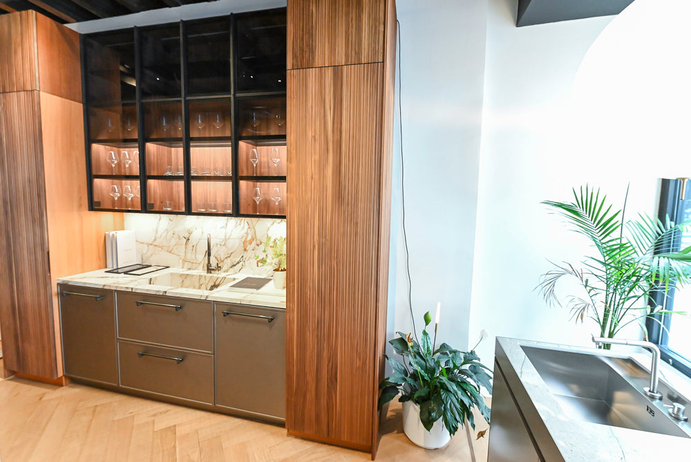 Key Cucine Modern Wood Veneered Kitchen with Neolith Island, Countertops and Appliances