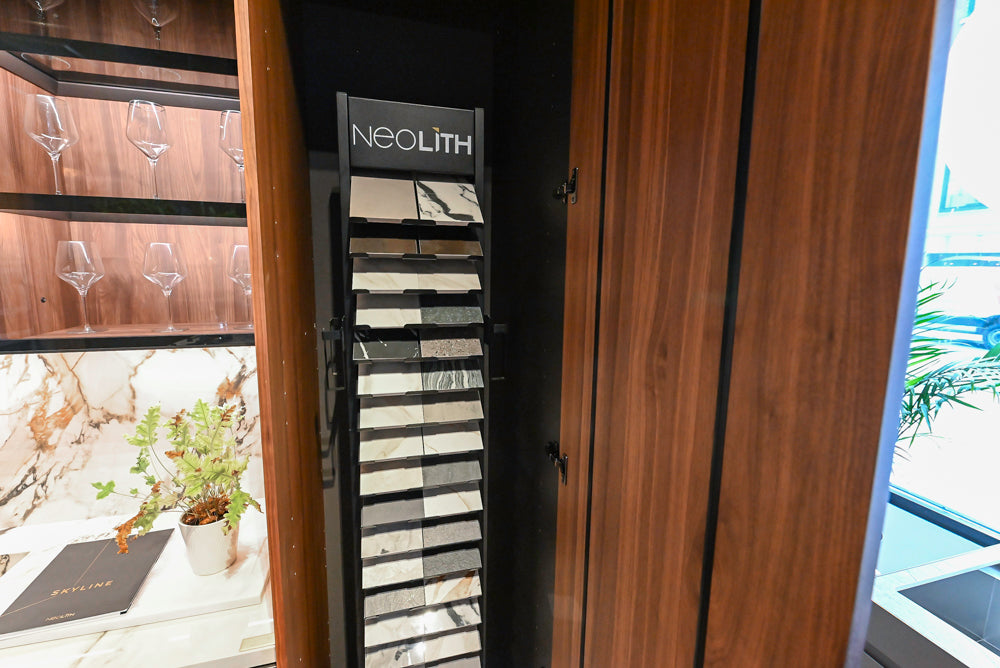 Key Cucine Modern Wood Veneered Kitchen with Neolith Island, Countertops and Appliances