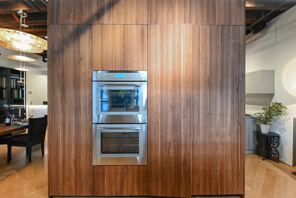 Key Cucine Modern Wood Veneered Kitchen with Neolith Island, Countertops and Appliances