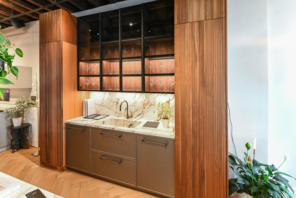 Key Cucine Modern Wood Veneered Kitchen with Neolith Island, Countertops and Appliances