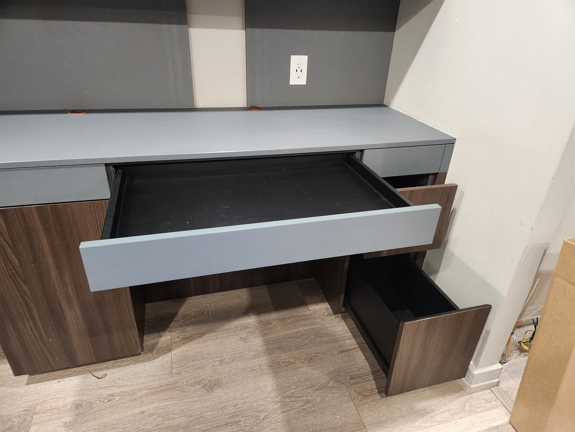 copatlife Modern Matte Grey and Dark Wood Veneer Built-In Two-Person Desk System with Storage