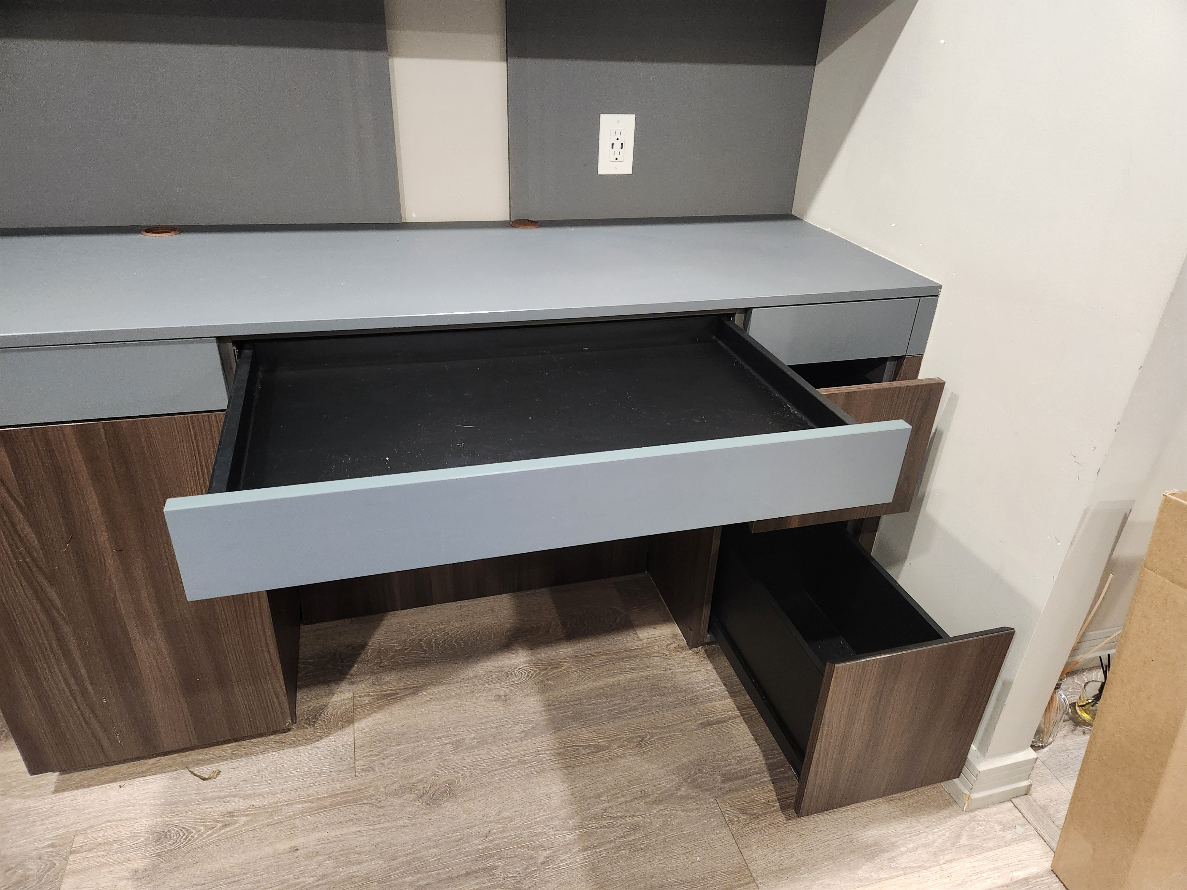 copatlife Modern Matte Grey and Dark Wood Veneer Built-In Two-Person Desk System with Storage