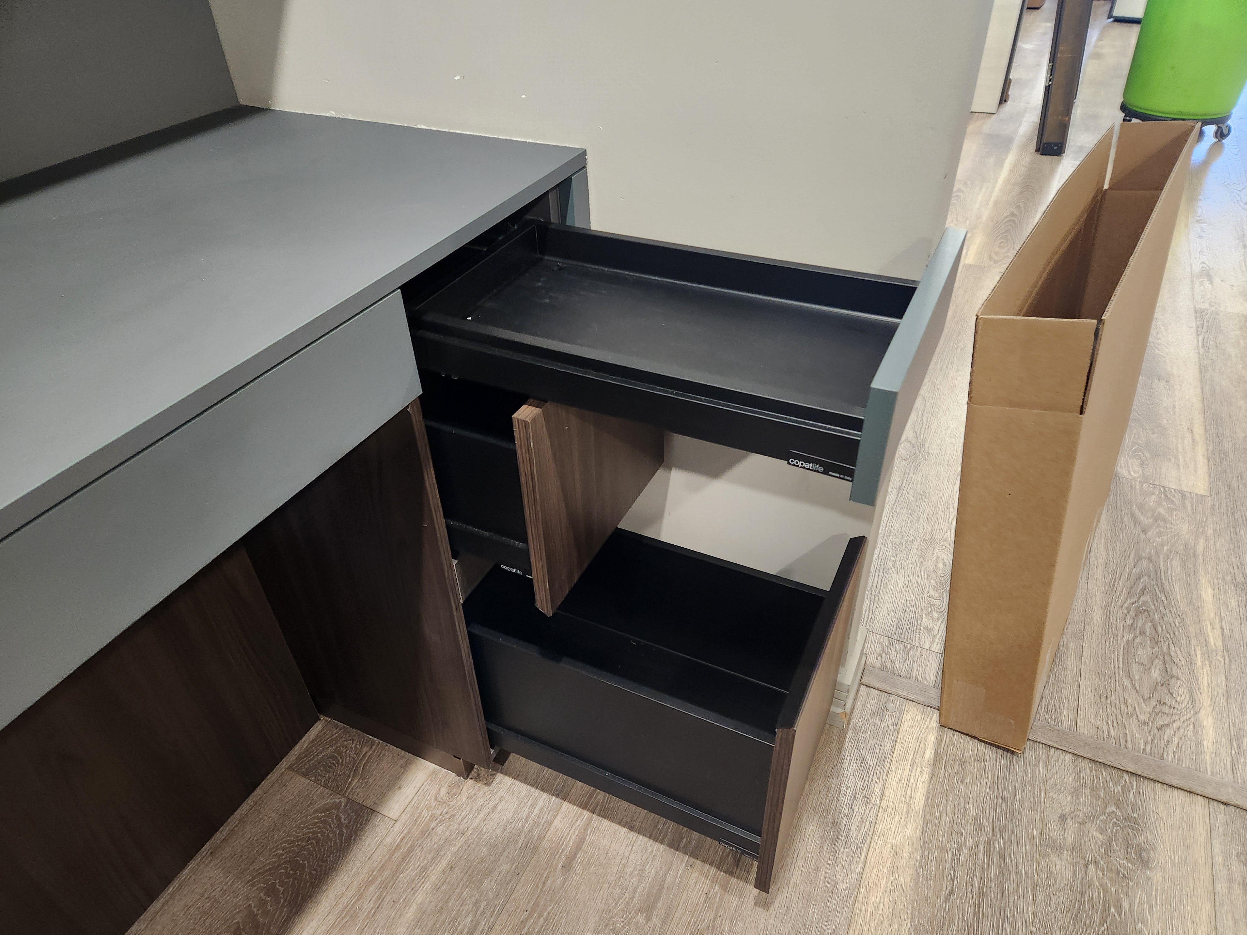 copatlife Modern Matte Grey and Dark Wood Veneer Built-In Two-Person Desk System with Storage