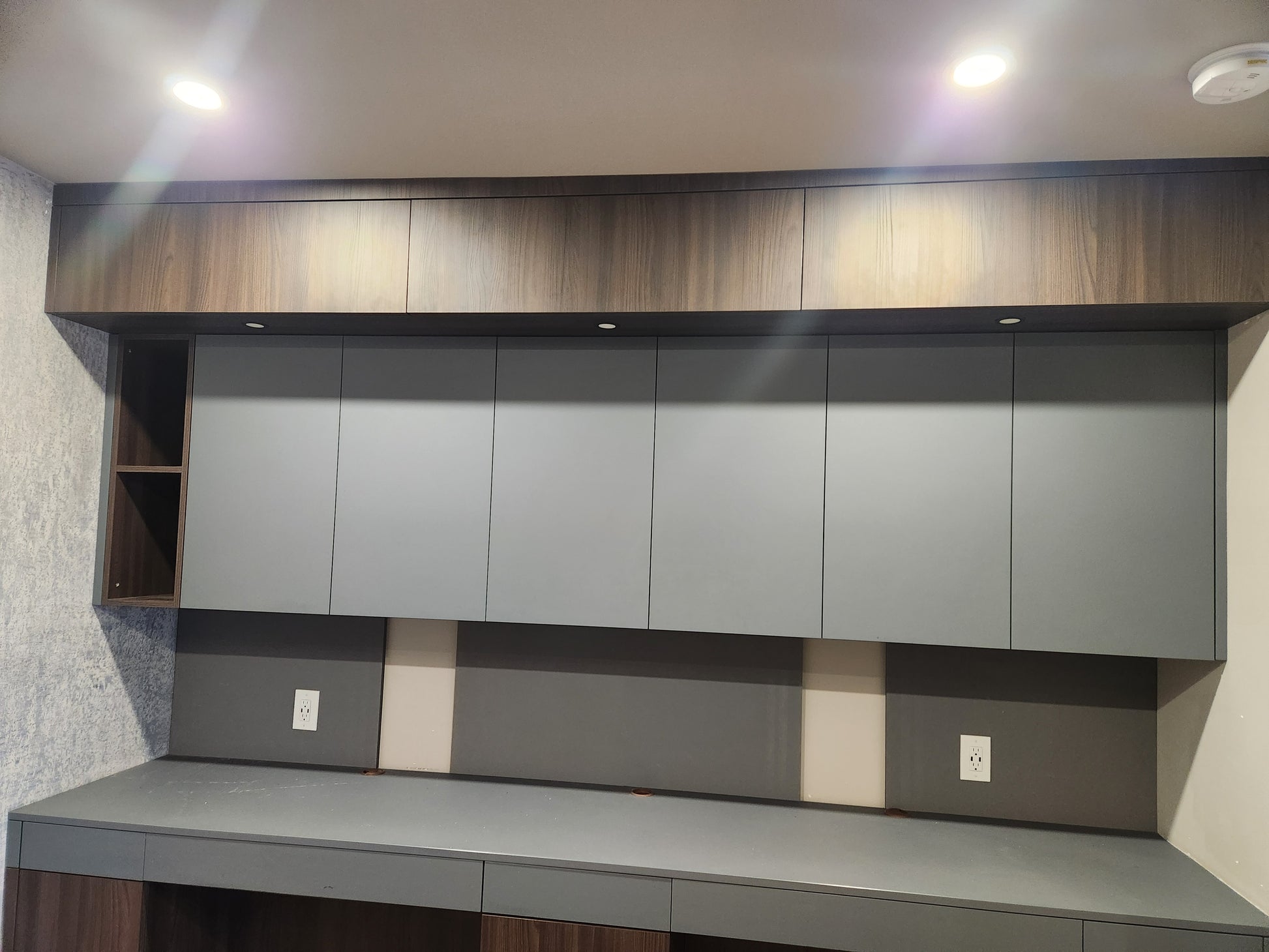 copatlife Modern Matte Grey and Dark Wood Veneer Built-In Two-Person Desk System with Storage