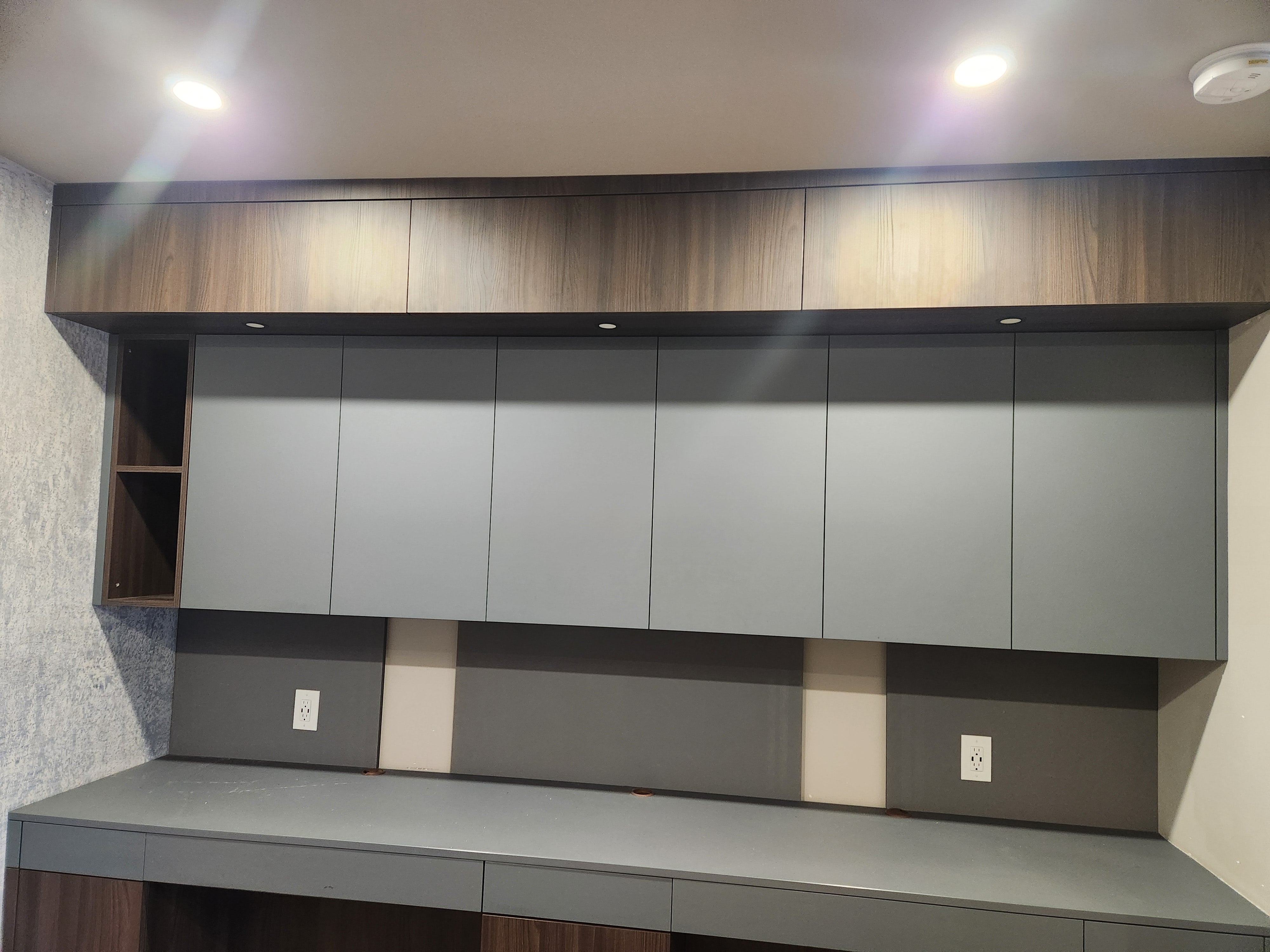 copatlife Modern Matte Grey and Dark Wood Veneer Built-In Two-Person Desk System with Storage