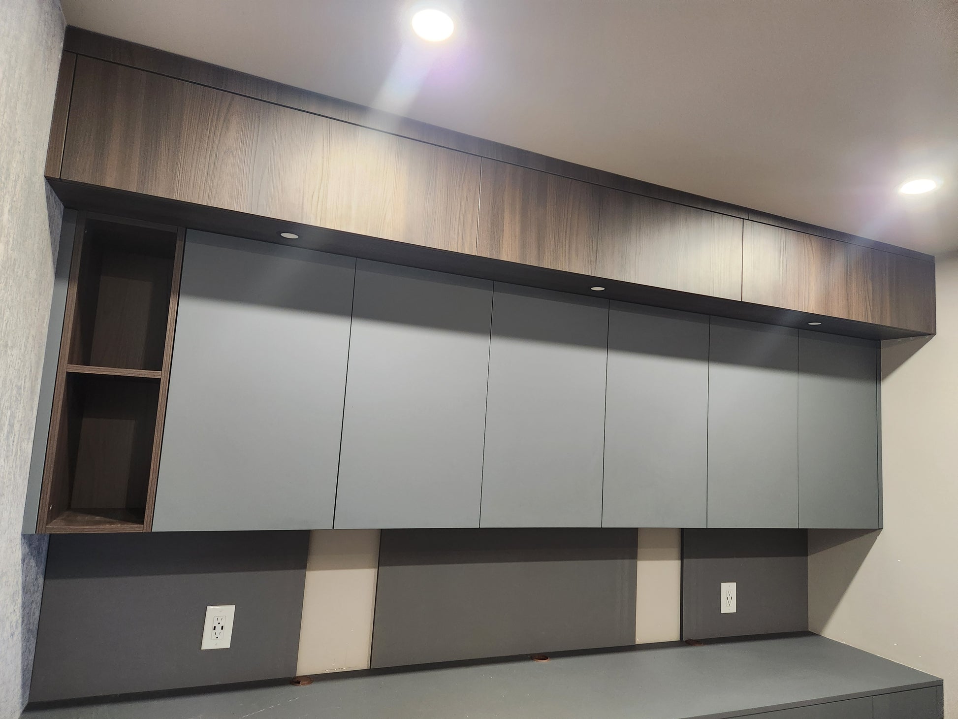 copatlife Modern Matte Grey and Dark Wood Veneer Built-In Two-Person Desk System with Storage