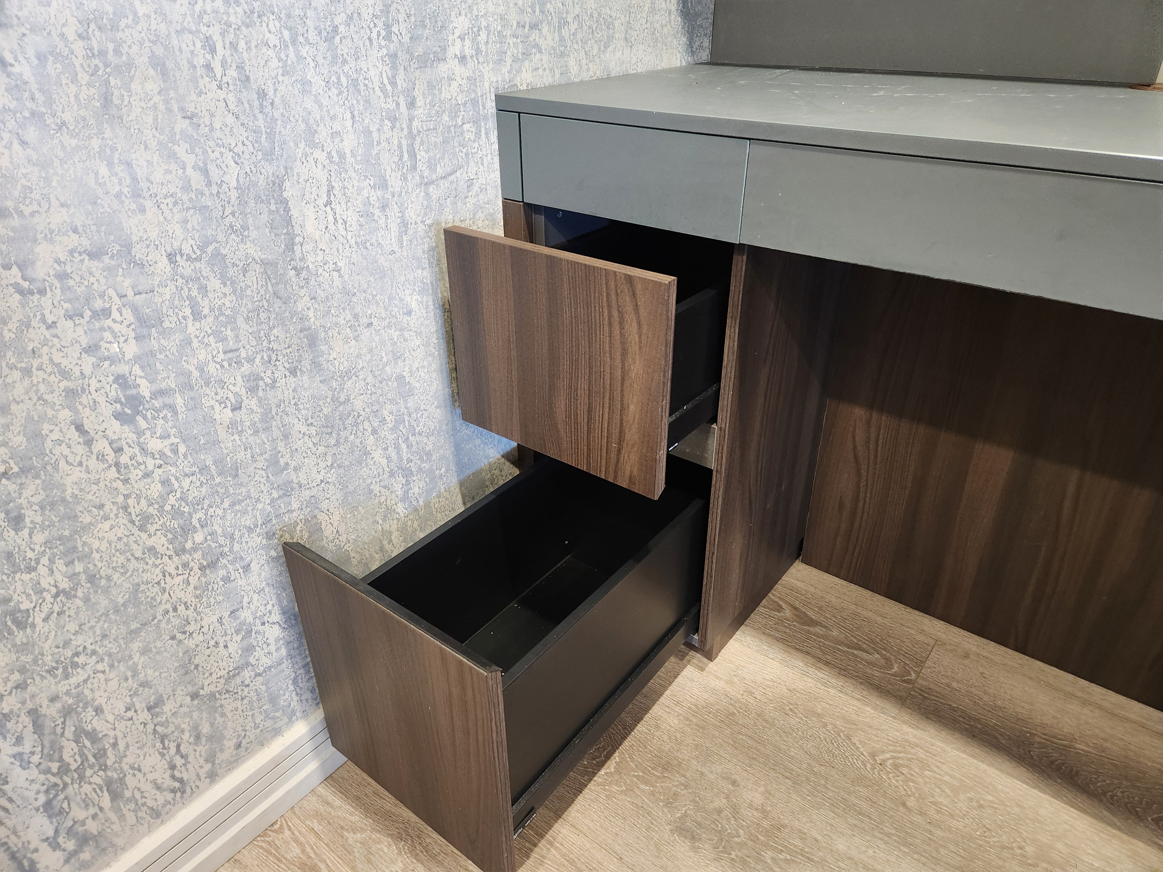 copatlife Modern Matte Grey and Dark Wood Veneer Built-In Two-Person Desk System with Storage