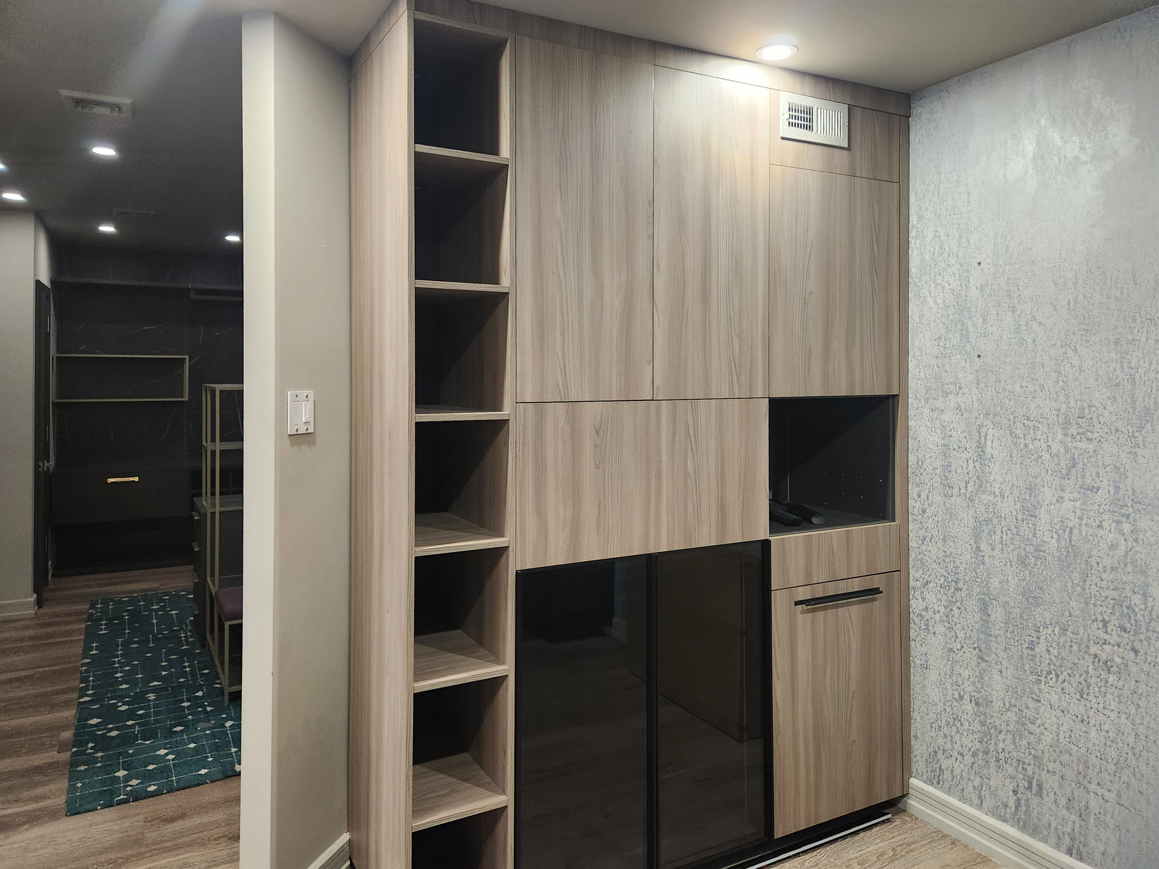 copatlife Modern Elm Biondo Veneer Pantry with Smoked Bronze Glass Cabinet