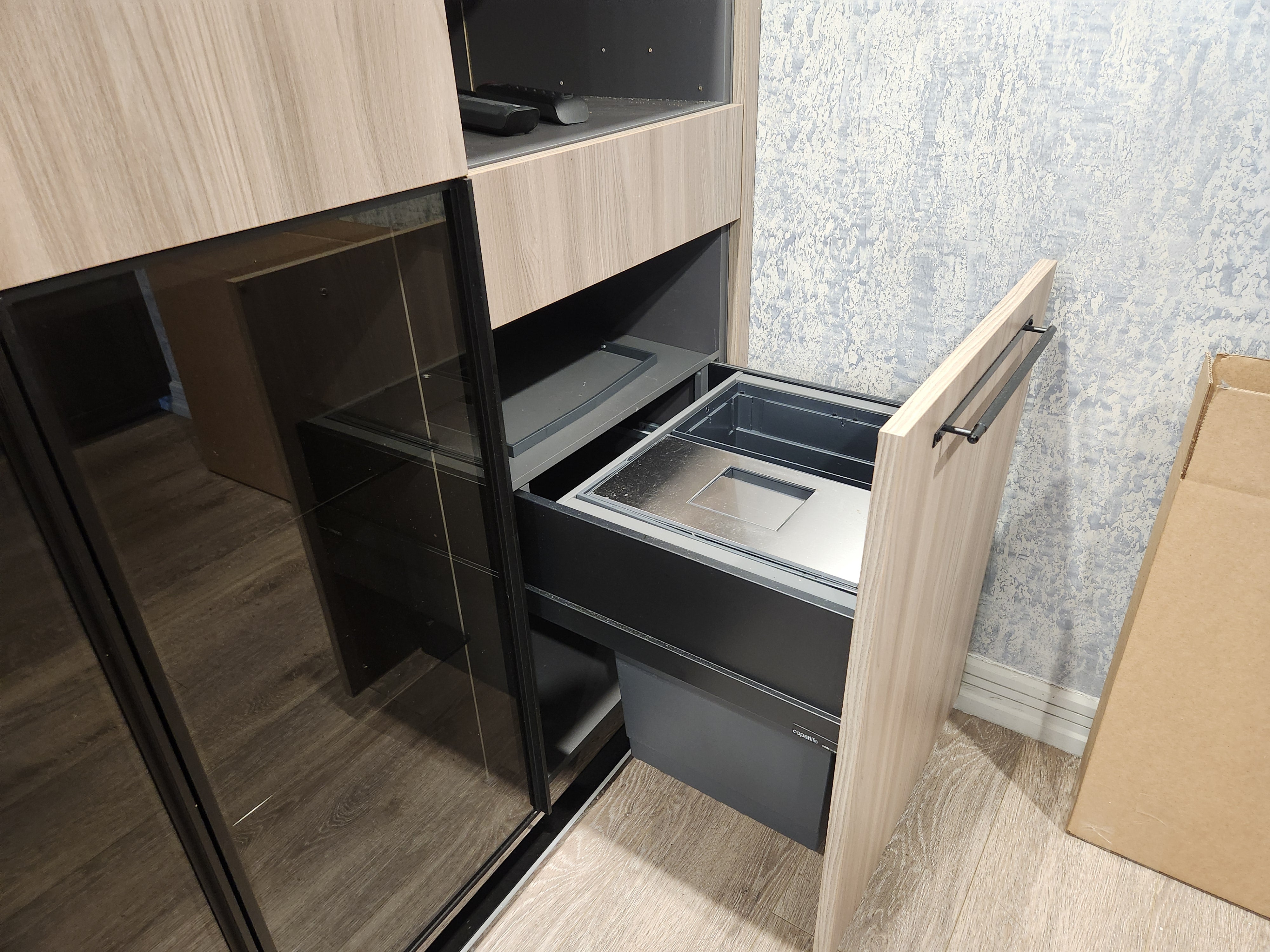 copatlife Modern Elm Biondo Veneer Pantry with Smoked Bronze Glass Cabinet