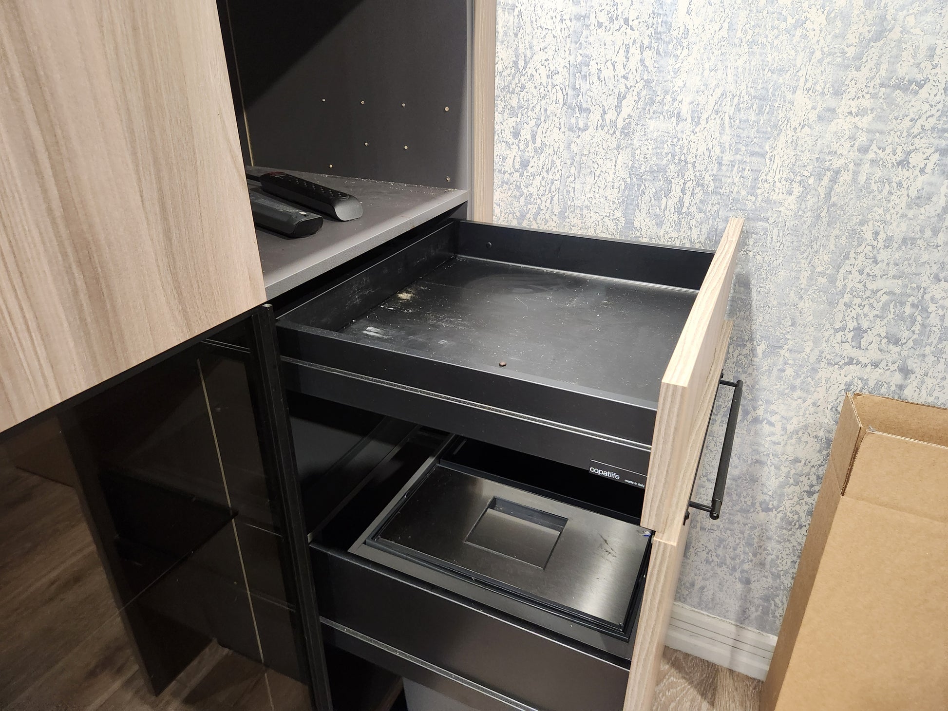 copatlife Modern Elm Biondo Veneer Pantry with Smoked Bronze Glass Cabinet