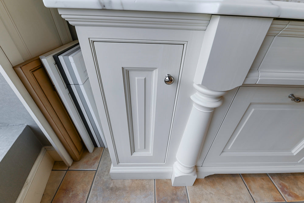 Showcase Transitional White Kitchen with Marble Countertops and La Cornue Chateau 120 Range with French Top