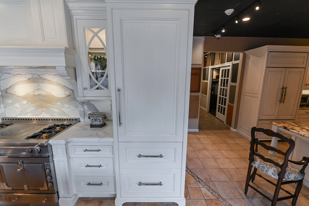 Showcase Transitional White Kitchen with Marble Countertops and La Cornue Chateau 120 Range with French Top