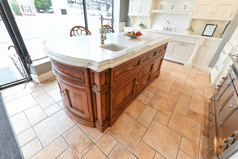 Showcase Transitional White Kitchen with Marble Countertops and La Cornue Chateau 120 Range with French Top